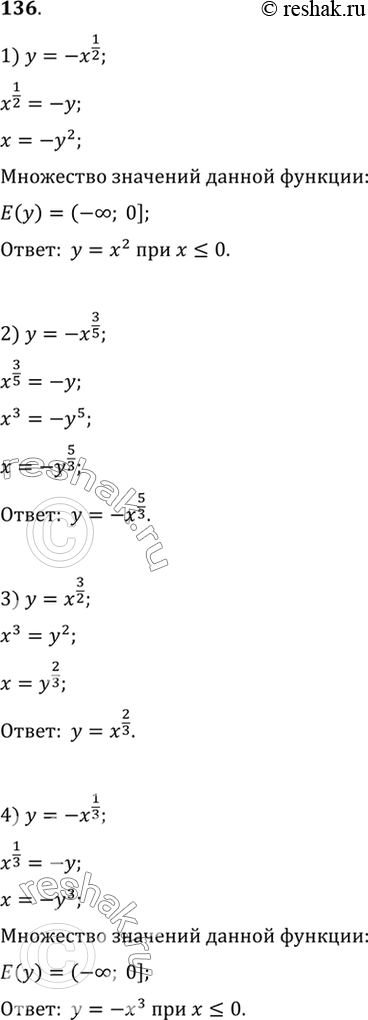 Изображение 136. Найти функцию, обратную данной:1) y= -x^1/2;2) y= -x^3/5;3) y= x^3/2;4) y=...