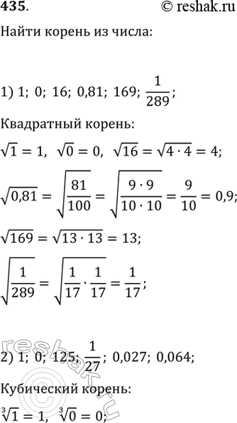Изображение 435. (Устно.) 1) Найти арифметический квадратный корень из числа:1;0;16;0,81;169;1/289;2) Найти арифметический кубический корень из числа:1;0;...