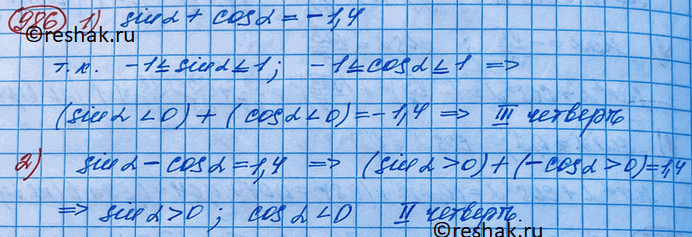 Изображение 986. Выяснить, в какой четверти находится точка, соответствующая числу а, если:1) sina + cosa = -1,4;	2) sina - cosa =...
