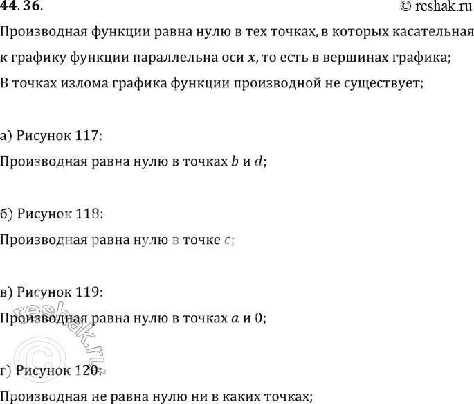 Изображение По графику функции у = f(х), х € R, изображенному на заданном рисунке, определите точки, в которых ее производная обращается в 0:a) рис. 119; б) рис. 120; в) рис....