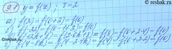 Изображение Функция у = f(x) — периодическая, с периодом T = 2. Известно, что f(0). Вычислите:а) f(2);б) f(-22);в) f(12k + 8 , где k — некоторое целое число;г) f(4 - 8k ,...