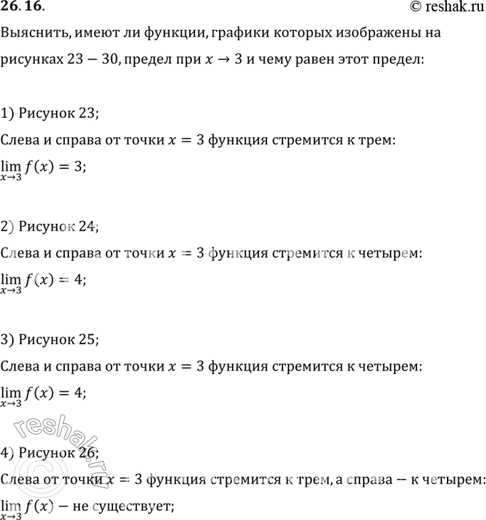 Изображение 26.16 Какая из функций, графики которых изображены на рисунках 23—30, имеет предел при х -> 3? Чему равен этот...