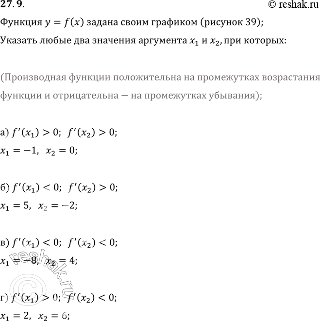 Изображение 27.9 Функция у = f(x) задана своим графиком (рис. 39). Укажите любые два значения аргумента x1 и х2, при которых:а) f`(X1) > 0; f`(x2) > 0; б) f`(X1) < 0; f`(x2) >...