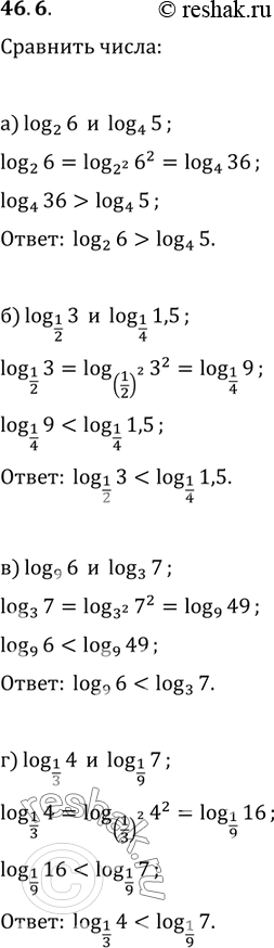 Изображение 46.6 a) log2 6 Рё log4 5;Р±) log1/2 3 Рё log1/4 1,5;РІ) log9 6 Рё log3 7;Рі) log1/3 4 Рё log1/9...