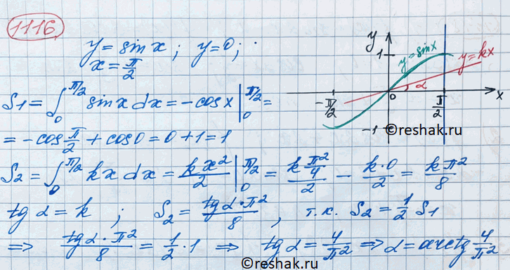 Изображение 1116. Дана фигура, ограниченная кривой у = sinx и прямыми у = 0, х = пи/2...