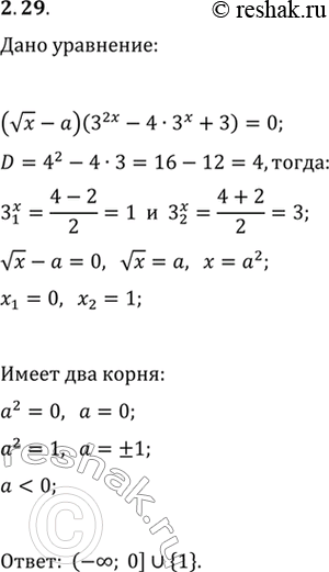 Изображение 2.29. При каких значениях параметра a уравнение (vx-a)(3^(2x)-4·3^x+3)=0 имеет два различных...