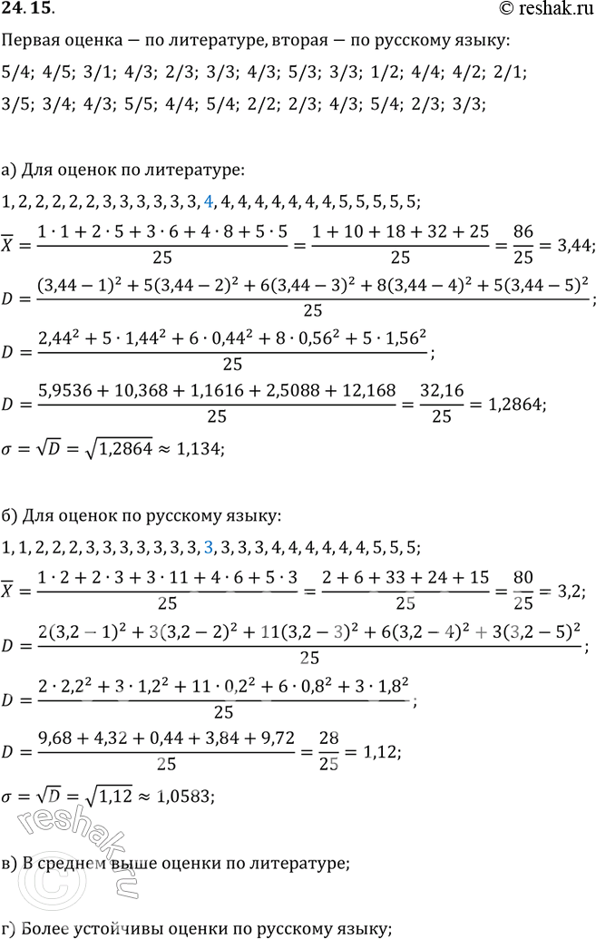 Изображение 24.15. а) Вычислите среднее квадратическое отклонение для оценок по литературе.б) Вычислите среднее квадратическое отклонение для оценок по русскому языку.в) По какому...