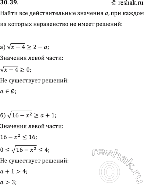 Изображение 30.39. Найдите все действительные значения а, при каждом из которых неравенство не имеет решений:а) корень х - 4 больше или равно 2 - а;б) корень 16 - х2 больше или...