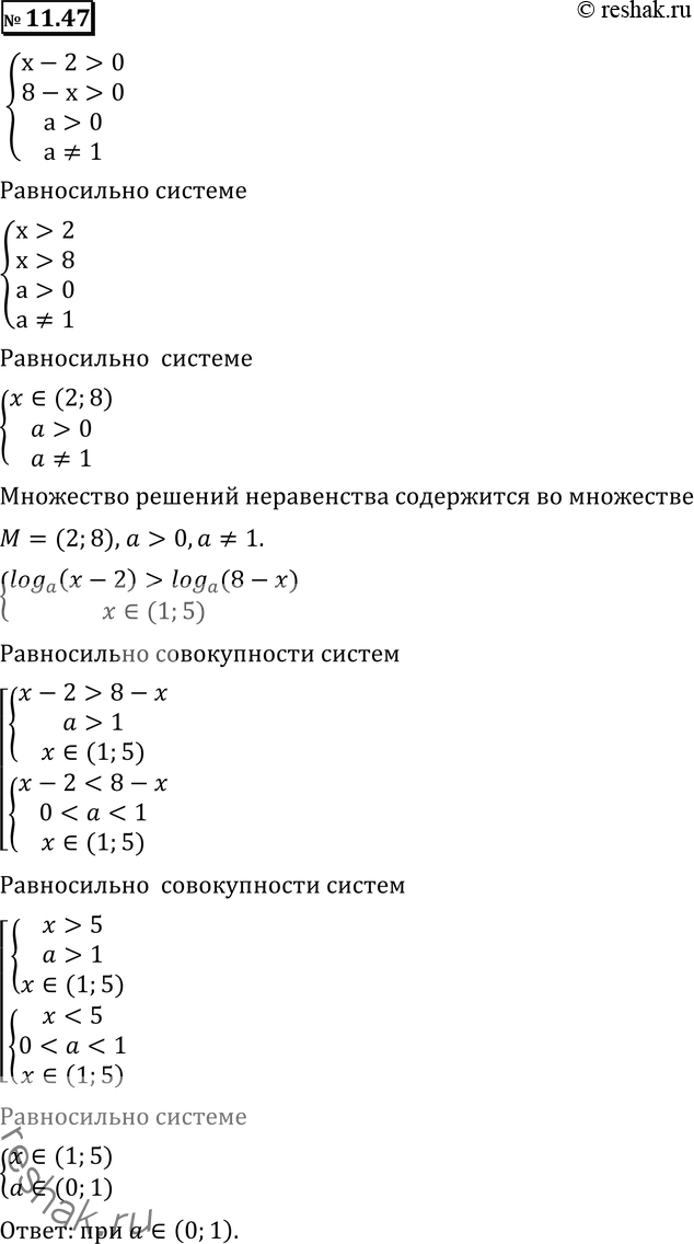 Изображение 11.47 При каких значениях параметра а все решения неравенства loga(x - 2) > loga(8 - х) содержатся в интервале (1;...