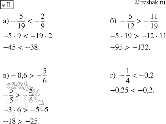Изображение 11 Сравните числа:а) -5/19 и -2/9;б) -5/12 и -11/19;в) -0,6 и -5/6;г) -1/4 и -0,2....