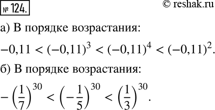 Изображение 124 Расположите в порядке возрастания числа: а) -0,11, (-0,11)2, (-0,11)3, (-0,11)4;б) (1/3)30, (-1/5)30, -(1/7)30....