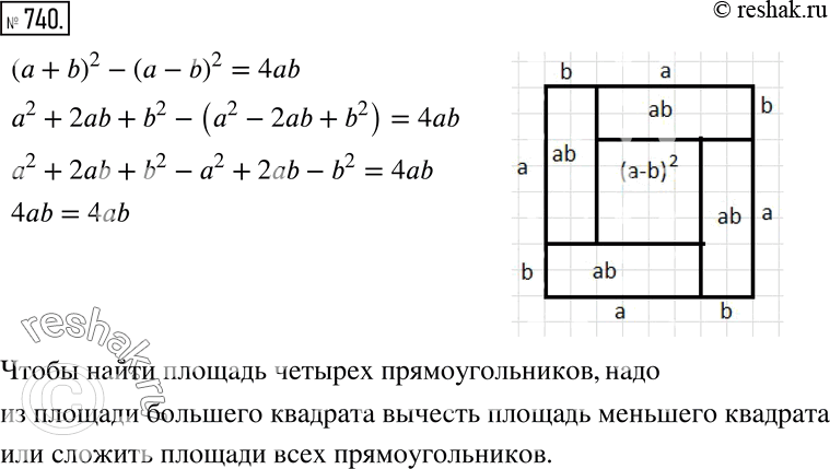 Изображение Моделируем и доказываем (740 — 741) 740 Докажите, что (а + b)2 - (а - b)2 = 4ab. Поясните это равенство с помощью рисунка...