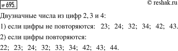 Изображение 695. Записать все двузначные числа, в записи которых встречаются только цифры 2, 3 и 4, если: 1) одинаковых цифр в числе не должно быть; 2) цифры в числе могут...