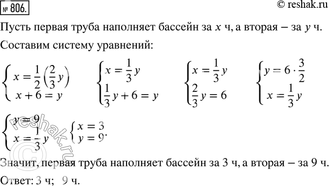 Изображение 806. Первая труба наполняет бассейн за половину того времени, за которое вторая труба наполняет 2/3 этого бассейна. Вторая труба, работая отдельно, наполняет бассейн на...