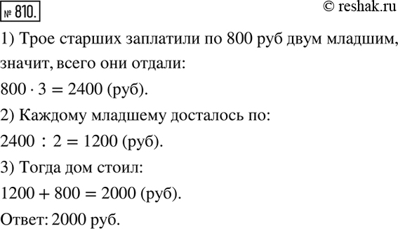 Изображение 810. (Задача из «Азбуки» Л. Н. Толстого.) Пять братьев разделили после отца наследство поровну. В наследстве было три дома. Три дома нельзя было делить, их взяли старшие...