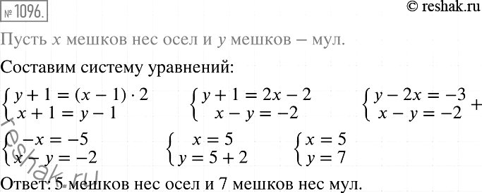 Изображение 1096. (Задача из греческого фольклора.) Осёл и мул идут рядом с грузом на спине. Осёл жалуется на непосильную ношу, а мул отвечает: «Чего ты жалуешься? Ведь если я...