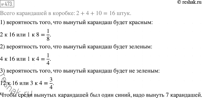 Изображение 473. В коробке лежат 2 красных, 4 зелёных и 10 синих карандашей. Какова вероятность того, что наугад вынутый карандаш будет: 1) красным; 2) зелёным; 3) не...