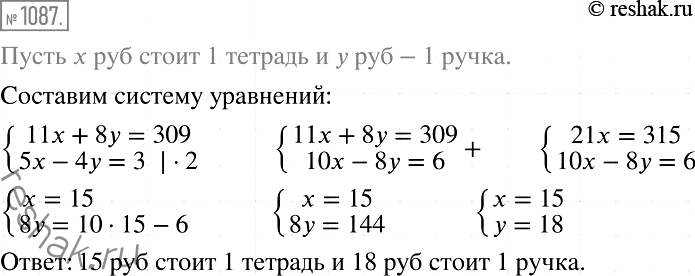 Изображение 1087.3а 11 тетрадей и 8 ручек заплатили 309 р. Сколько стоит 1 тетрадь и сколько 1 ручка, если 5 тетрадей дороже, чем 4 ручки, на 3...