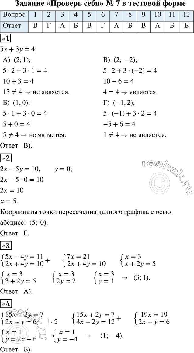 Изображение Задание «Проверьте себя» № 7 в тестовой форме1. Какая из приведённых пар чисел является решением уравнения 5х + 3у = 4?А) (2; 1)	Б) (1; 0)	В) (2;-2)	Г) (-1; 2)2....