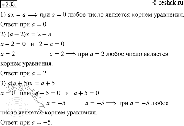 Изображение 2.33. При каком значении a любое число является корнем уравнения:1) ax=a;  2) (a-2)x=2-a;   3)...