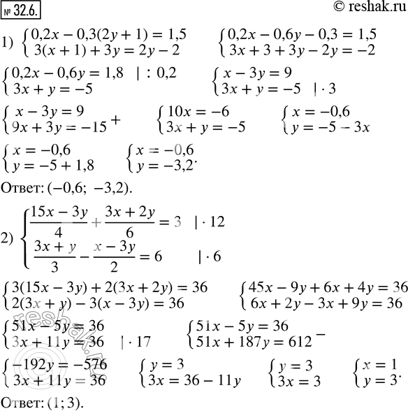 Изображение 32.6. Решите систему уравнений:1) {(0,2x-0,3(2y+1)=1,5; 3(x+1)+3y=2y-2); 2) {((15x-3y)/4+(3x+2y)/6=3; (3x+y)/3-(x-3y)/2=6). ...