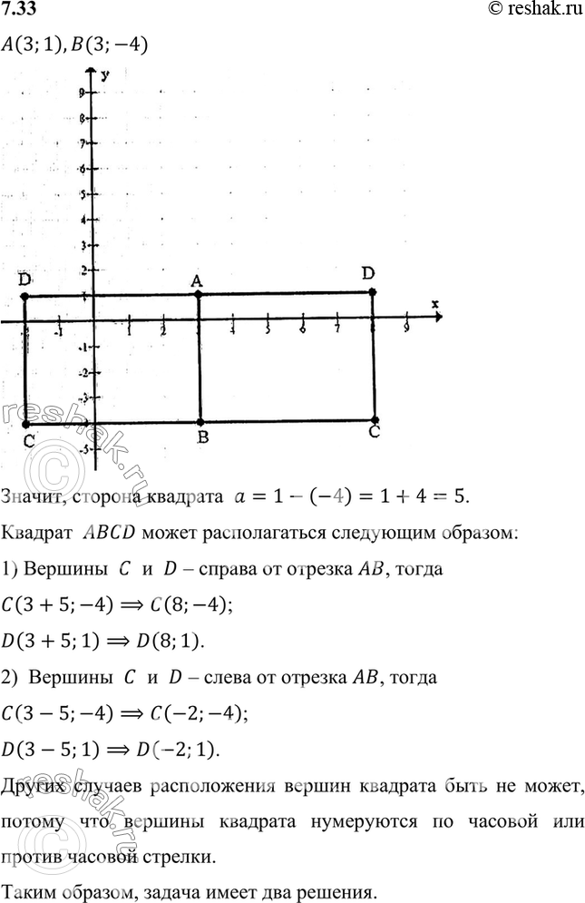 Изображение Найдите координаты вершин С и D квадрата ABCD, если известны координаты вершин А(3; 1) и В(3; -4). Сколько решений имеет задача?Значит, сторона квадрата ...