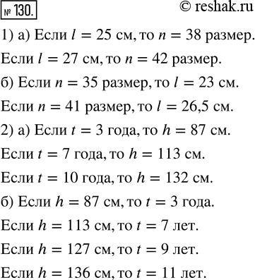 Изображение 130. 1) Длине стопы l (см) соответствует размер обуви n. По таблице значений функции n = f(l) определите:а) размер обуви, который соответствует стопе длиной: 25 см; 27...
