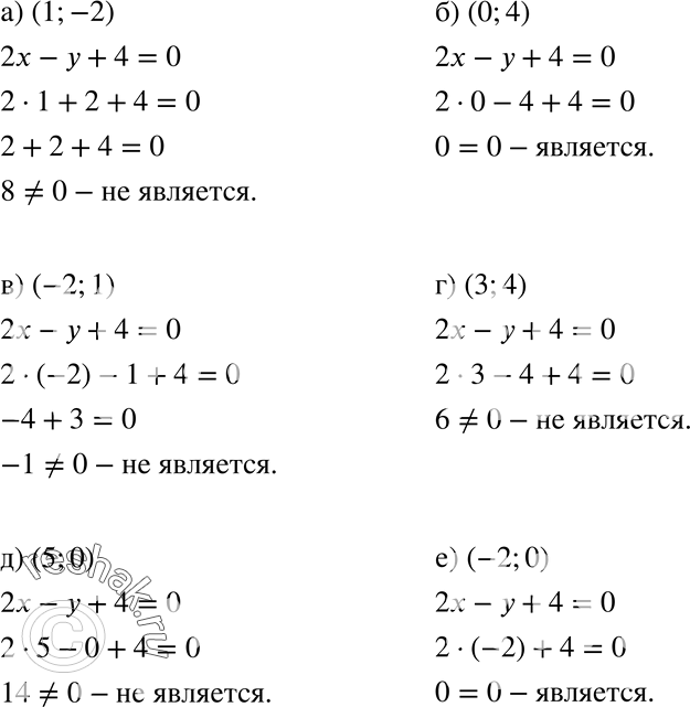 Изображение 673.	Является ли решением уравнения 2х - у + 4 = 0 пара чисел: а) (1; -2); б) (0; 4); в) (-2; 1); г) (3; 4); д) (5; 0); е) (-2;...