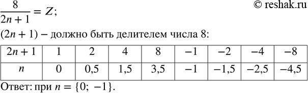 Изображение 192. Найдите все целые значения n, при которых значение дроби 8/(2n+1) является целым...