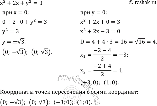 Изображение 606. Графиком уравнения x^2+2x+y^2=3 является окружность (рис. 4.14). Вычислите координаты точек пересечения этой окружности с осями...