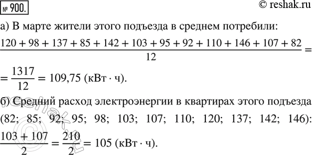 Изображение 900. В таблице показан расход электроэнергии в квартирах одного из подъездов четырехэтажного дома за март:а) Сколько электроэнергии в среднем потребили жители этого...