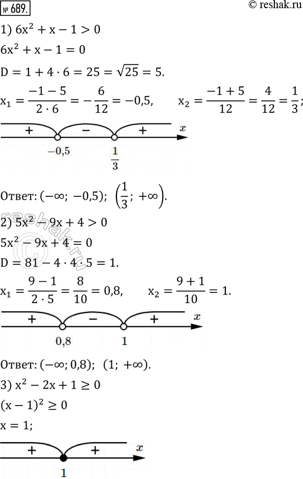 Изображение 689. Решить неравенство:1) 6x^2+x-1>0; 2) 5x^2-9x+4>0; 3) x^2-2x+1?0; 4) x^2+10x+25>0;...