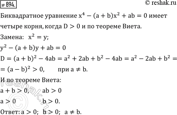 Изображение 894. Каким условиям удовлетворяют числа a и b, если биквадратное уравнение x^4-(a+b) x^2+ab=0 имеет четыре различных действительных...