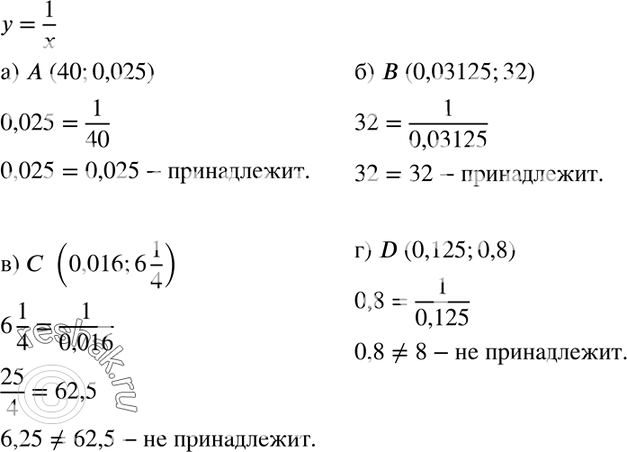 Изображение 254. Принадлежит ли графику функции у = 1/x точка:а) А (40; 0,025);	б) B (0,03125; 32);	в) C (0,016; 6*1/4);г) D (0,125;...