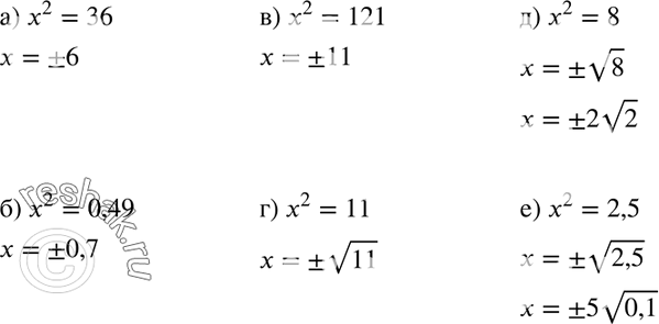Изображение 320. Решите уравнение:а) х2 = 36;		б) х2 = 0,49;		в) х2 = 121;г) х2 = 11;д) х2 = 8;е) х2 =...