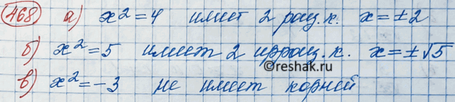 Изображение 468. Приведите пример уравнения вида х2= а, которое:а) имеет два рациональных корня;б) имеет два иррациональных корня;в) не имеет...