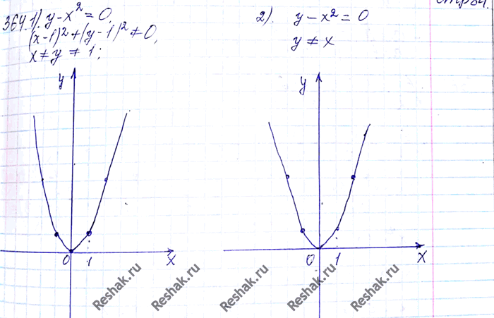 Изображение 364. Постройте график уравнения:1) (y-x2)/((x-1)2+(y-1)2) = 0;2) (y-x2)/(y-x) =...
