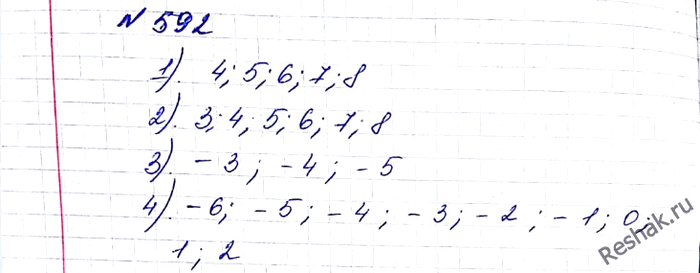 Изображение 592. Укажите все целые числа, расположенные на координатной прямой между числами:1) 3 и корень 68; 2) корень 7 и корень 77; 3) - корень 31 и -2,3;4) - корень 42...