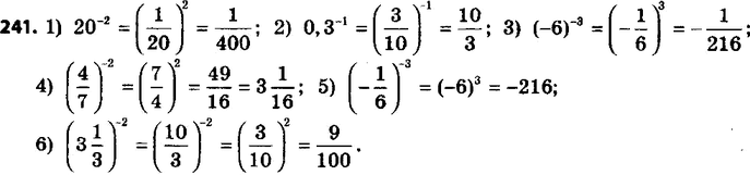 Изображение 241. Найдите значение выражения:1) 20^-2;2) 0,3^-1;3) (-6)^-3;4) (4/7)^-2;5) (-1/6)^-3;6) (3 1/3)^-2....