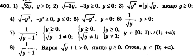 Изображение 400. При каких значениях у имеет смысл выражение:1) корень 2y;2) корень -3y;3) корень y3;4) корень -y3;5) корень -y4;6) 1/корень y;7) 1/(корень y - 1);8)...