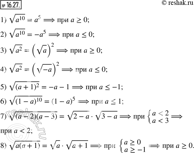Изображение 16.27. При каких значениях a выполняется равенство:1) v(a^10 )=a^5; 2) v(a^10 )=-a^5; 3) v(a^2 )=(va)^2; 4) v(a^2 )=(v(-a))^2; 5) v((a+1)^2 )=-a-1; 6)...