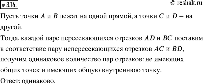 Изображение 3.14. На каждой из двух параллельных прямых отметили по 100 точек. Каждые две точки, лежащие на разных прямых, соединили отрезками. Каких пар отрезков больше: не имеющих...