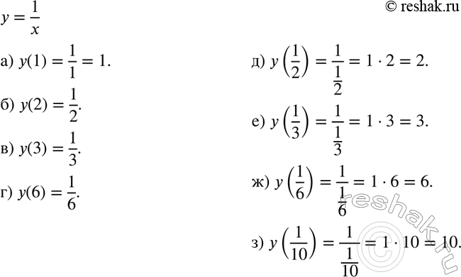 Изображение 108 Дана функция у = —. Вычислите:а) у (1);  б) у (2);  в) у (3);  г) у (6);  д) y (1/2);е) y (1/3); ж) y (1/6);з) y...