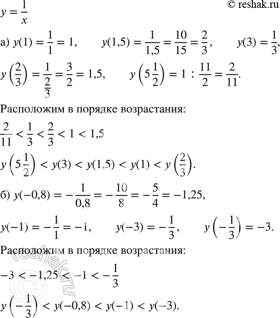 Изображение 115. Расположите значения функции у = 1/x в порядке возрастания:а) у (1), у (1,5), у (3), у (2/3), y(5*1/2);б) y (-0,8), у(-1), y(-3), у (-1/3)....