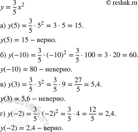 Изображение 428. Функция задана формулой у = 3/5* х2. Верно ли равенство:а) y(5) = 15; б) y(-10) = 80;	в) y(3) = 5,6; г) у(-2) =...