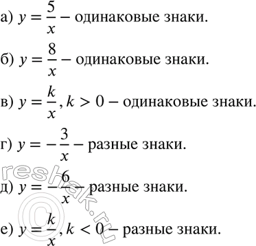 Изображение 489. Определите, одинаковые или разные знаки имеют х (x =/ 0) и соответствующее ему у, если функция задана формулой:а) y=5/x;б) y=8/x;в) y=k/x, k>0;г)...