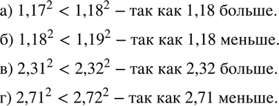 Изображение 89. Сравните значения числовых выражений:а) 1,17^2 и 1,18^2; б) 1,18^2 и 1,19^2;в) 2,3^2 и 2,32^2; г) 2,71^2 и...