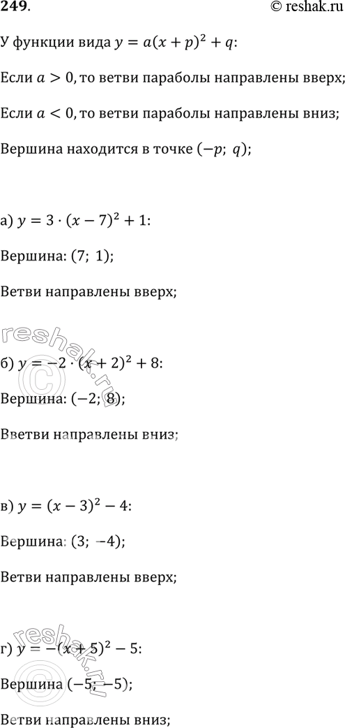 Изображение 249. Назовите координаты вершины параболы и укажите направление её ветвей:а) у = 3(х - 7)^2 + 1;   в) у = (х - З)^2 - 4;б) у = -2(х + 2)^2 + 8;   г) у = -(х + 5)^2 -...