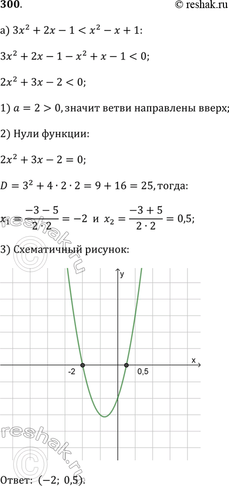 Изображение 300. Найдите значения х, при которых:а) значения функции у = Зх^2 + 2х - 1 меньше значений функции у = х^2 - x + 1;б) значения функции у = -4х^2 + х + 1 больше...