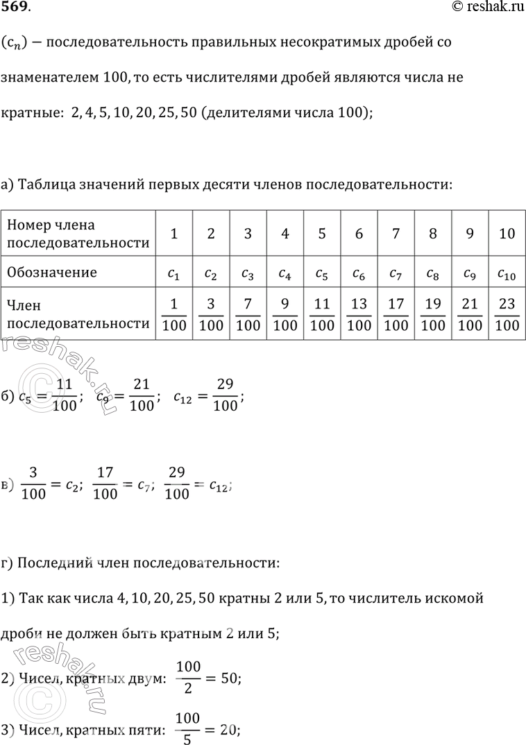 Изображение 569. Пусть (c_n) последовательность правильных несократимых дробей со знаменателем 100.а) Заполните таблицу, занеся в неё первые десять членов этой...